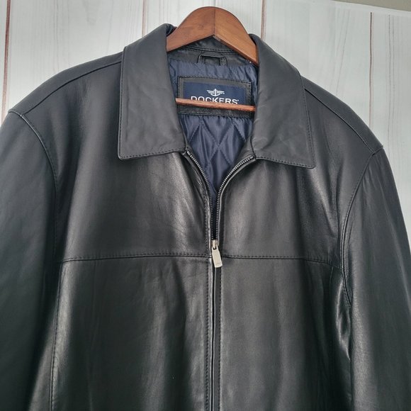 Dockers Men’s XXL Classic 100% Genuine Black Leather Zip Front Collar Jacket EUC - Picture 3 of 11